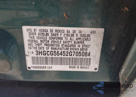 2002 Honda Accord 2.3 Lx z USA, uszkodzony, nr VIN 3HGCG56452G705084
